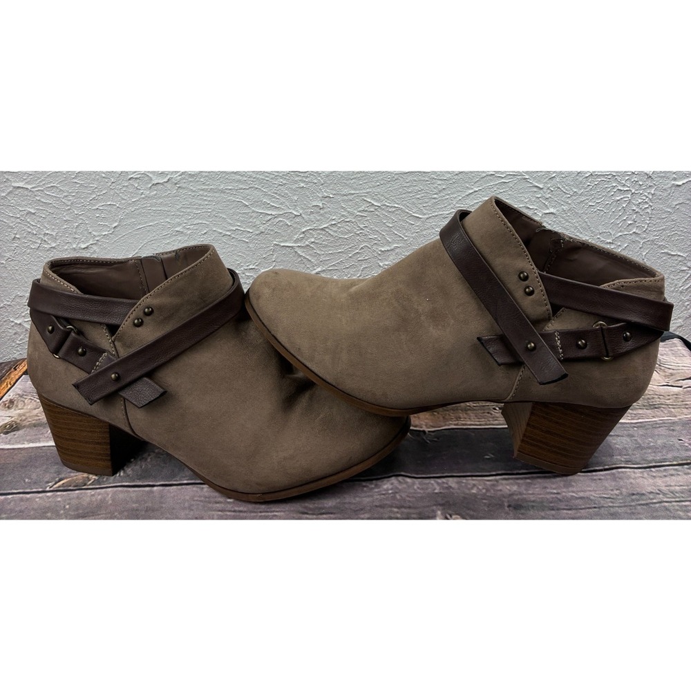 Fergalicious Ankle Boots Womens 9 Taupe Brown Strap Block Heel